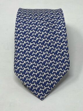 Vintage HERMES "H" Logo Silk Tie in Dark Blue with White 5141 HA